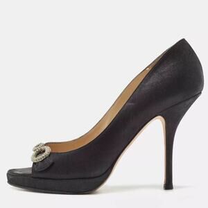 Jimmy Choo Black Leather Stiletto Heels Rhinestone Peep-Toe Shoe EU 37